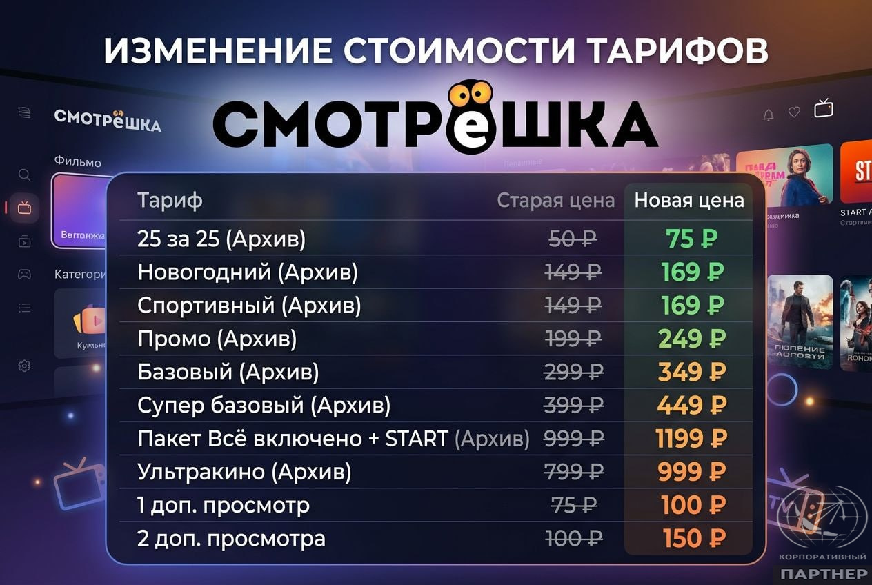 Изменение стоимости тарифов "Смотрёшка" с 1 ноября